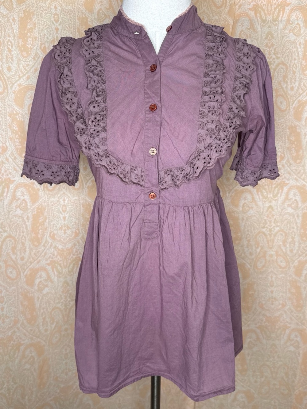 Dusty plum button up babydoll top with lace ruffles and waist tie